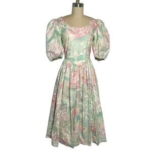 Vintage 80s Pastel Floral Cotton Prairie Midi Dress Puff Sleeve XS S